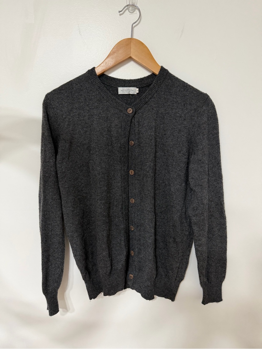 100% Pashmina Cashmere Cardigan Sweater Charcoal Gray Handmade Nepal Small